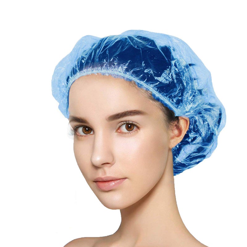 Years calm 100+10 Shower Caps Disposable  Waterproof Plastic Bath Caps  Elastic Hair Processing Caps for Women Man Kids Girls  Hotel  Home Use (Blue) - Image 1